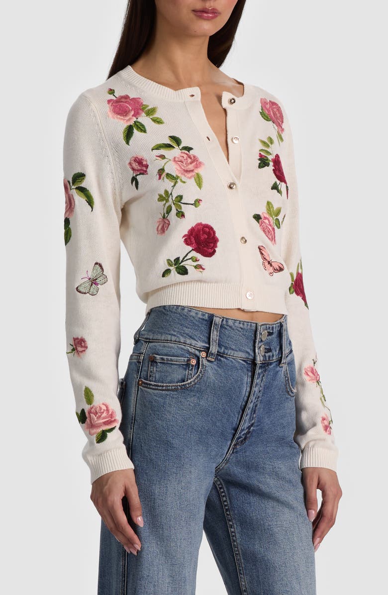 Alice + Olivia Dollie Embroidered Cotton & Linen Blend Cardigan, Alternate, color, Garden Gossip Off White