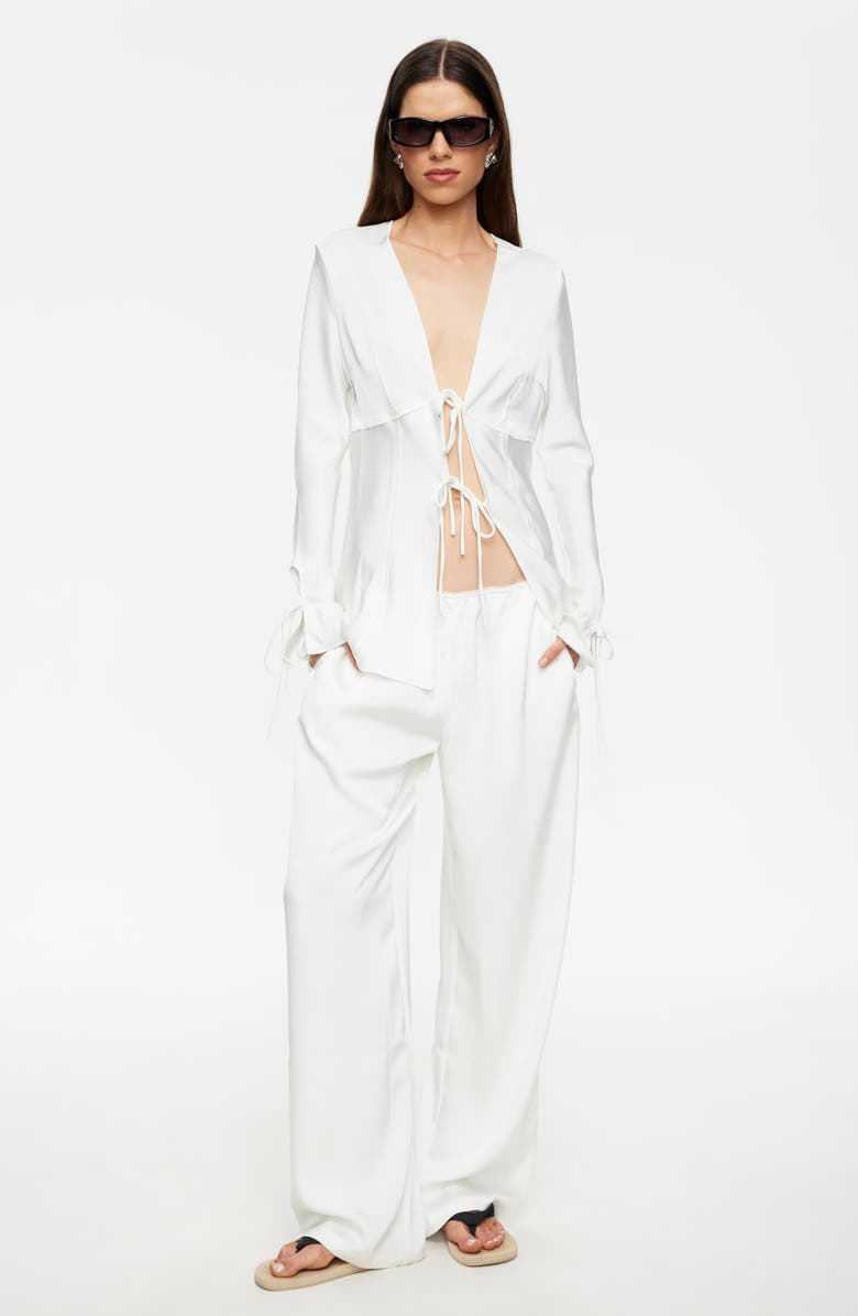 LIONESS Veil Tie Front Plunge Neck Satin Top, Alternate, color, Porcelain