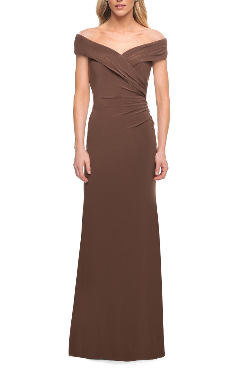 La Femme Ruched Surplice Jersey Gown, Main, color, 
