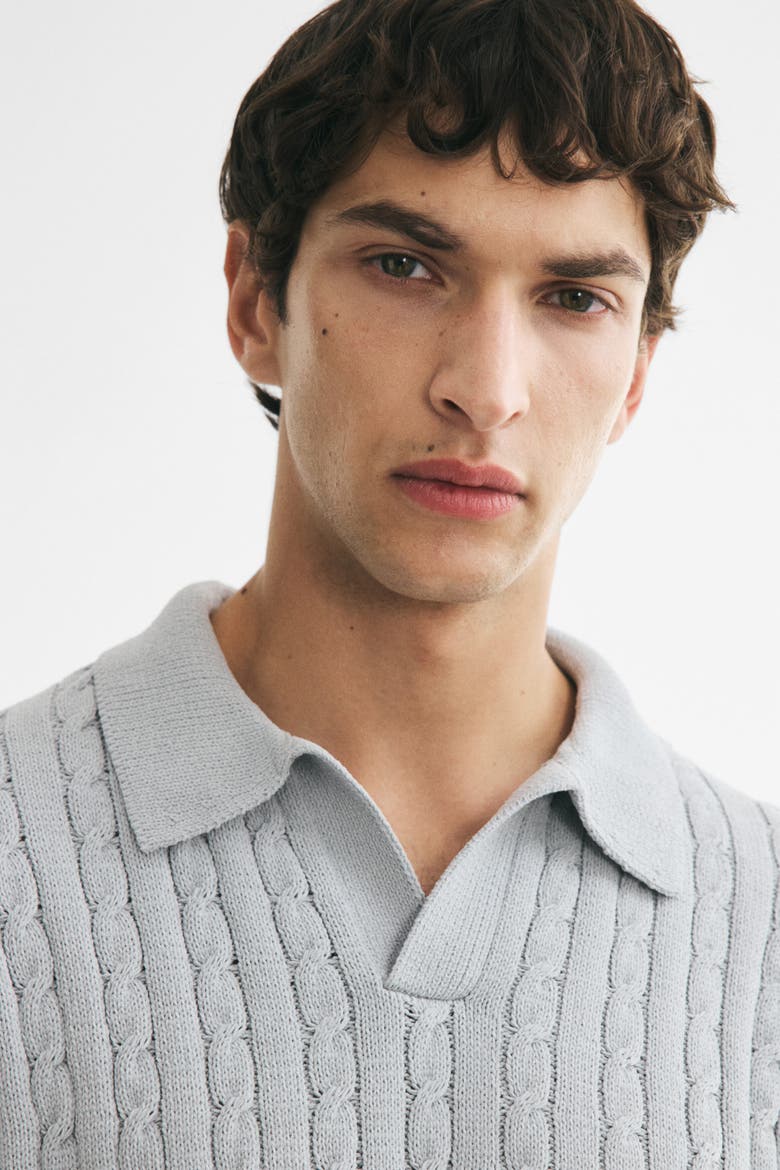 Relaxed-fit Cable-knit Polo Shirt, Alternate, color, Dusty gray