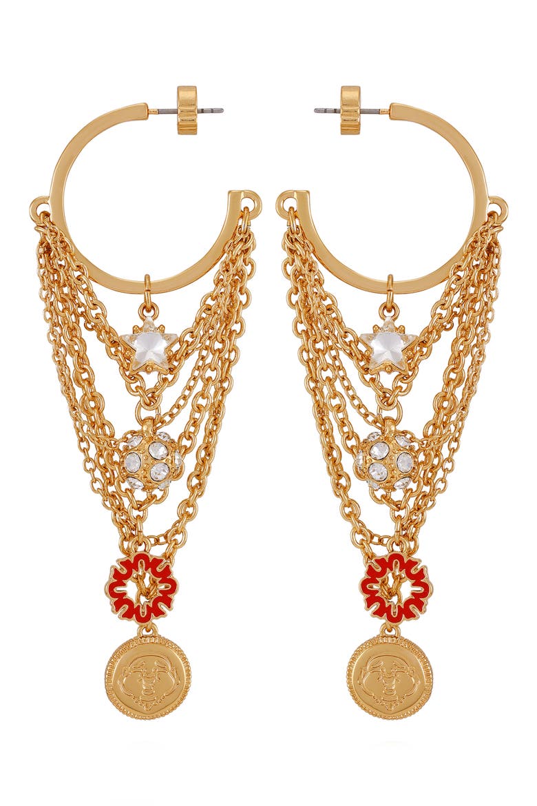 Charm Chain Drop Hoop Earrings, Alternate, color, GOLD TONE