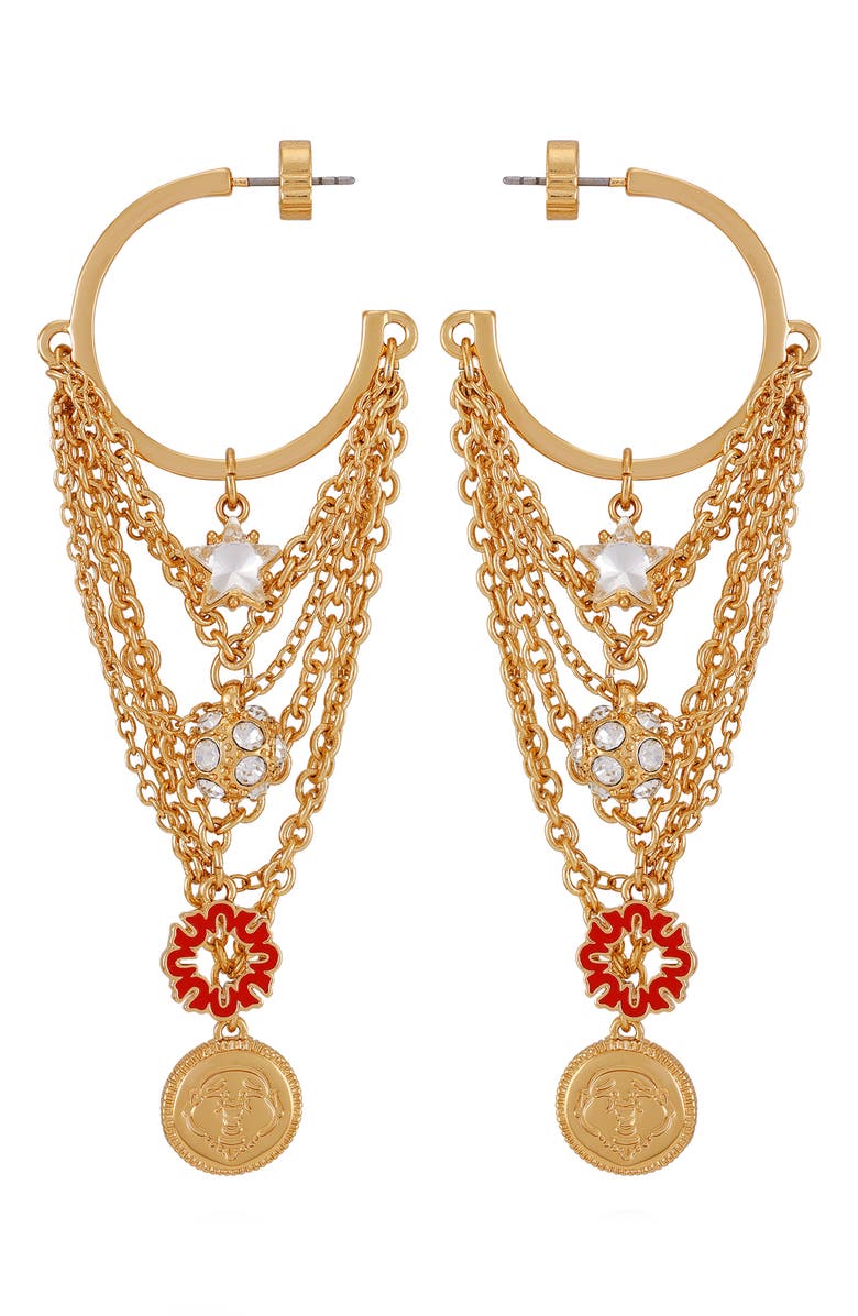 True Religion Charm Chain Drop Hoop Earrings, Alternate, color, Gold Tone