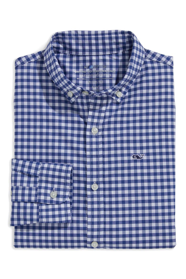 Kids' On-The-Go brrrº Gingham Button-Down Shirt, Alternate, color, BLUE BAY