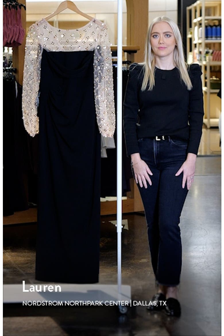 Risha Metallic Floral Appliqué Detail Long Sleeve Crepe Column Gown video