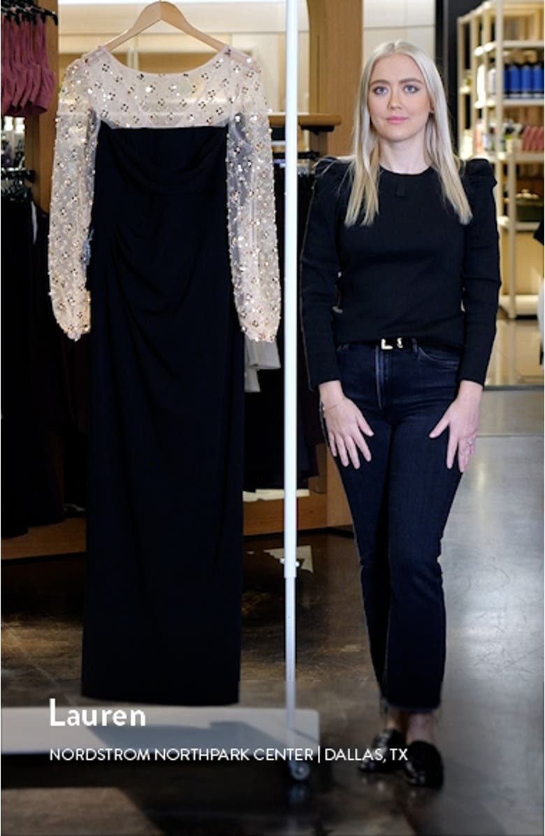 Risha Metallic Floral Appliqué Detail Long Sleeve Crepe Column Gown, sales video thumbnail