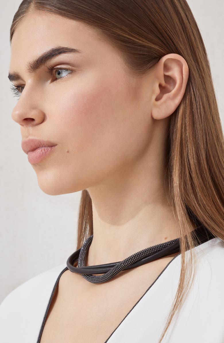 Brunello Cucinelli Precious leather choker, Alternate, color, Black