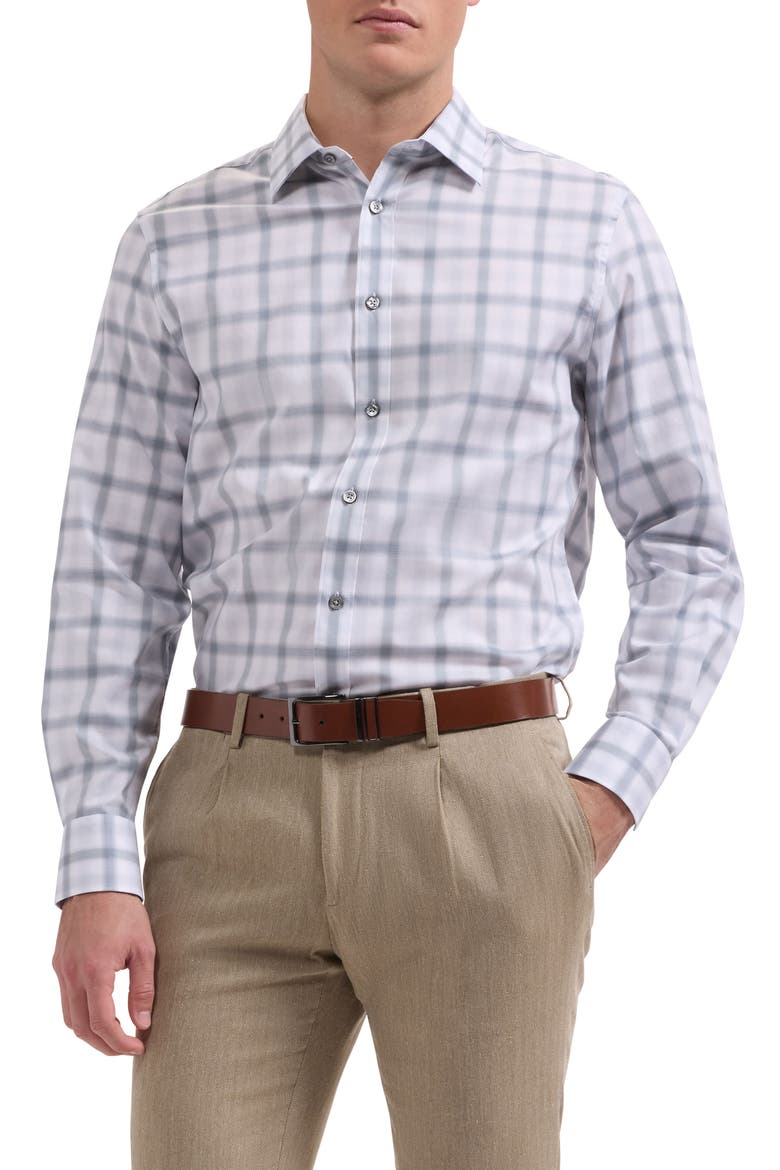 Julian Shaped Fit Check Stretch Cotton Button-Up Shirt, Main, color, PLATINUM