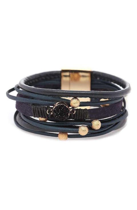 Faux Leather Drusy Stone Beaded Multi-Strand Bracelet