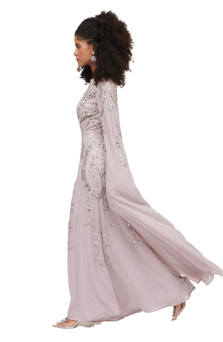 MARYISA Occasion Modest Embellished Sequin Beaded Cowl Neck Evening Maxi Dress, Alternate, color, Lilac