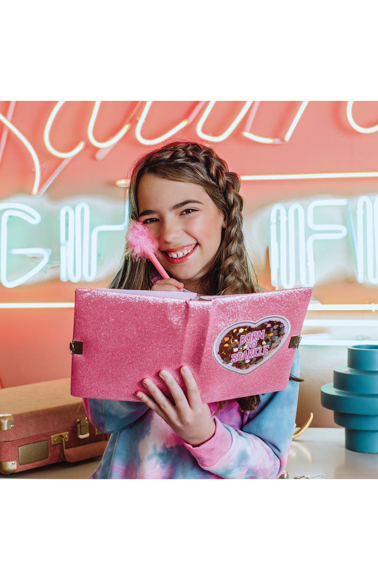 Three Cheers For Girls Born To Sparkle Glitter Locking Journal Pink W/ Matching Pom Pen, Alternate, color, 