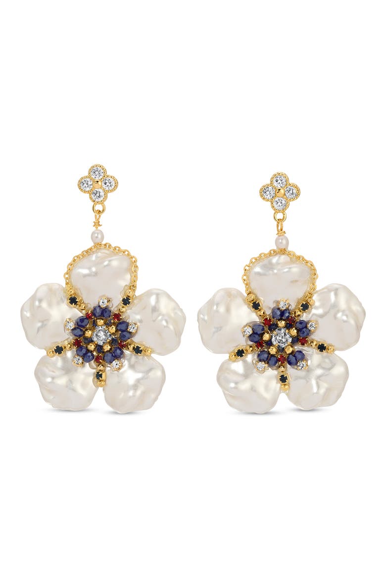 Meghan Cubic Zirconia Pearlescent Flower Drop Earrings, Main, color, GOLD/PEARL MULTI