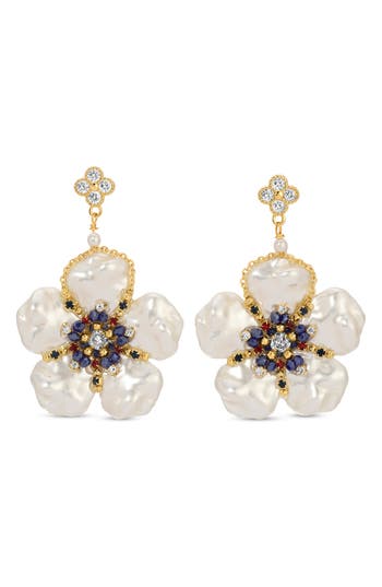 Eye Candy Los Angeles Meghan Cubic Zirconia Pearlescent Flower Drop Earrings In Gold/pearl Multi