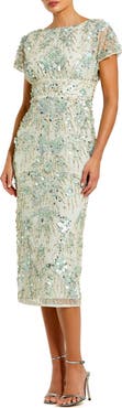Mac Duggal Embellished Mesh Fitted Short Sleeve Midi Dress