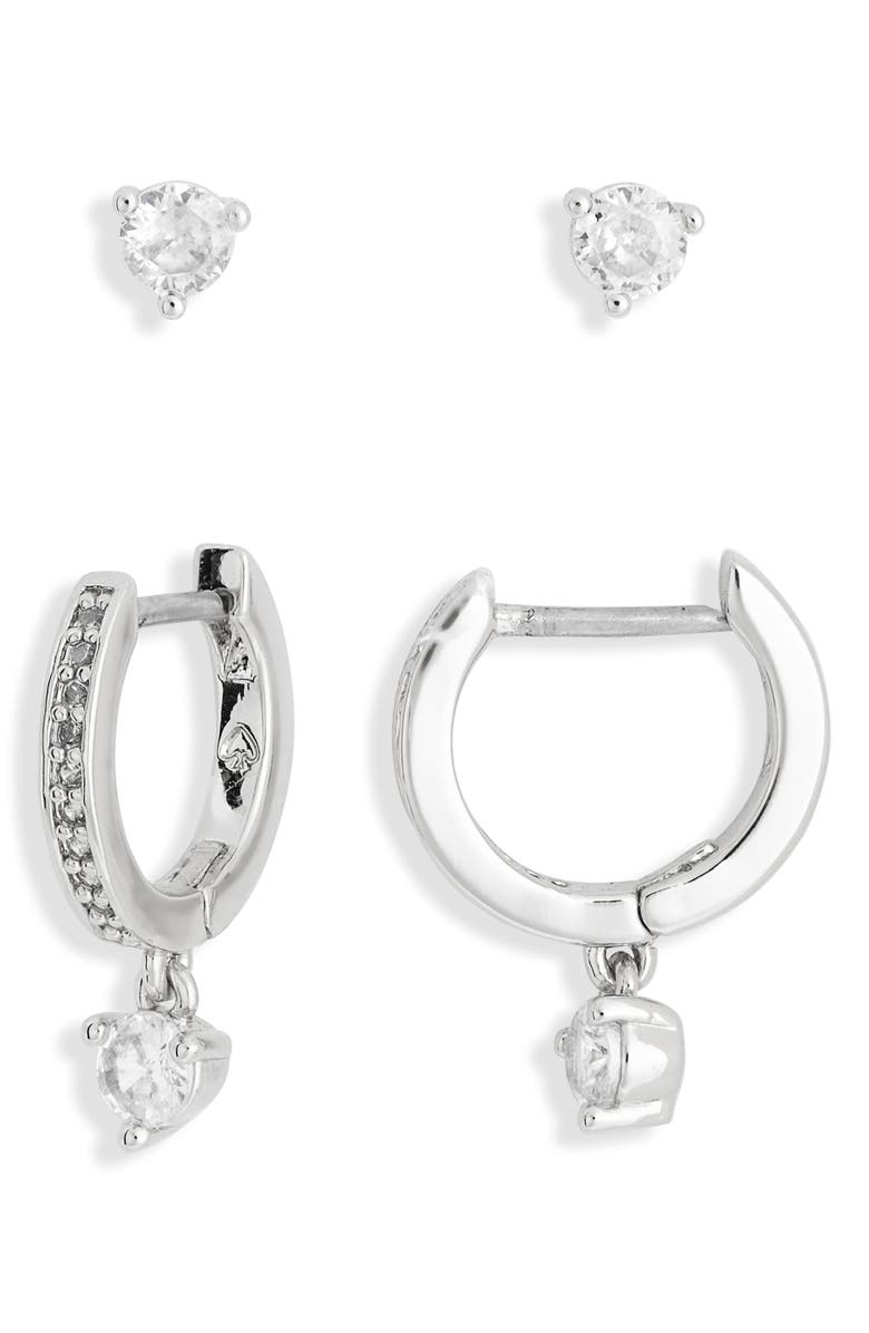 Kate Spade New York crystal stud & huggie earrings set, Main, color, Clear Silver