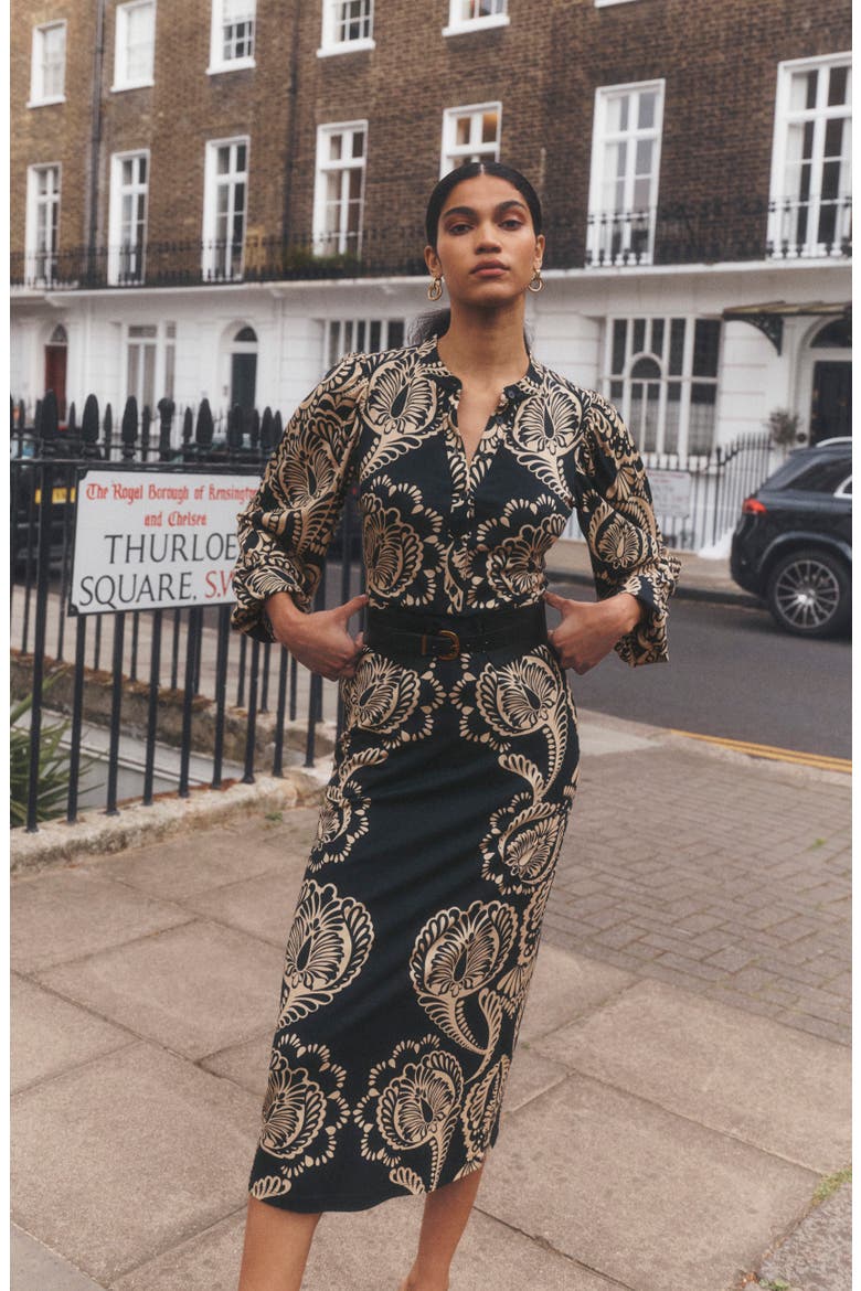 Eli Belted Midi Dress, Alternate, color, BLACK FLOURISHING MEDLEY