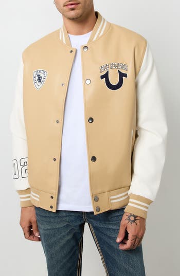 TRUE RELIGION TRUE RELIGION FAUX LEATHER VARSITY JACKET