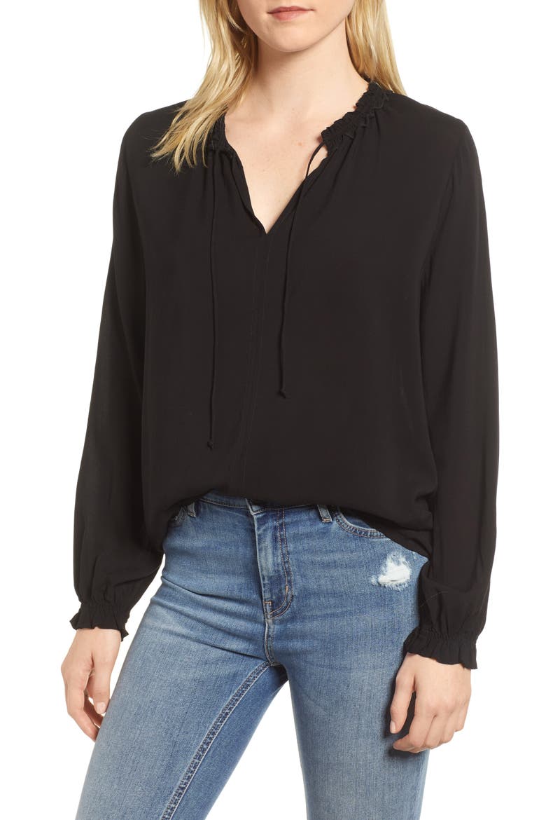 Ruffle Tie Neck Top, Main, color, BLACK