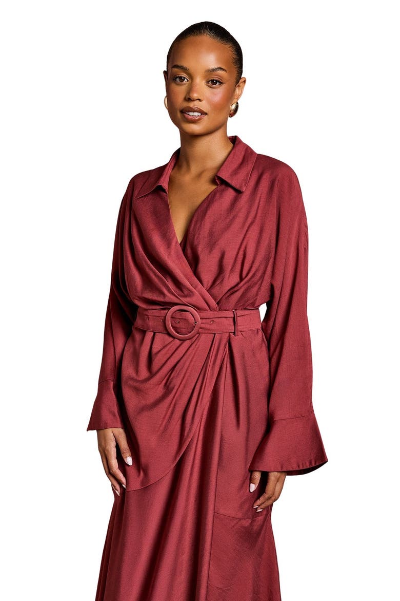 Petite Long Sleeve Belted Wrap Dress, Alternate, color, Burgundy