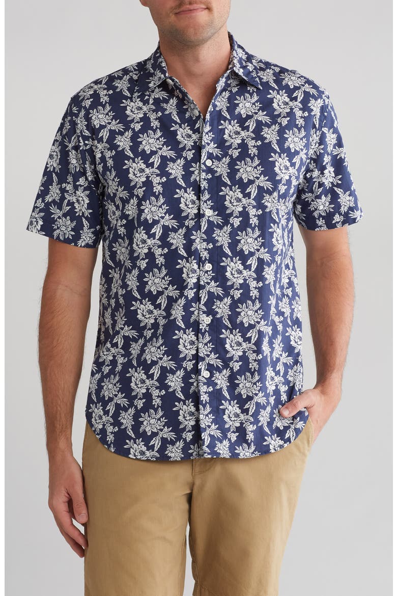 Ashton Floral Cotton Short Sleeve Button-Up Shirt, Main, color, DARK BLUE