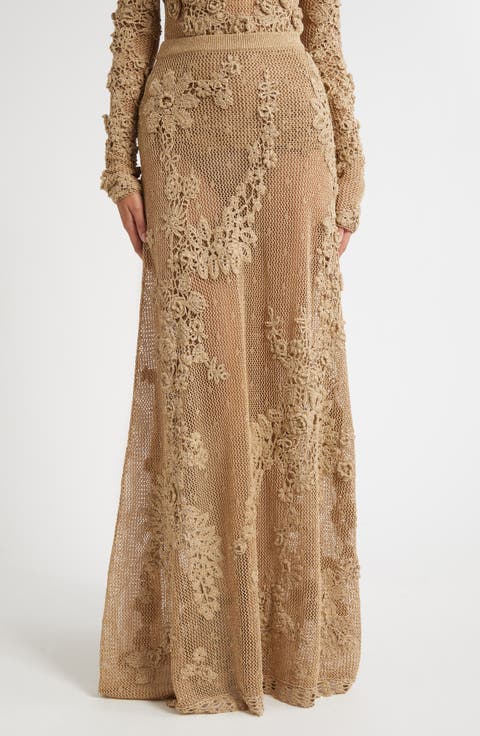 Aria Metallic Crochet Appliqué Open Stitch Maxi Skirt