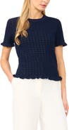 Halogen® Ruffle Trim Pointelle Stitch Short Sleeve Sweater