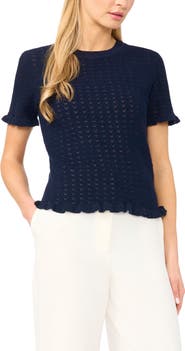 Halogen® Ruffle Trim Pointelle Stitch Short Sleeve Sweater