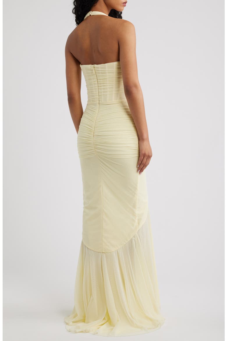 Carmine Ruched Mesh Halter Dress, Alternate, color, LEMON YELLOW