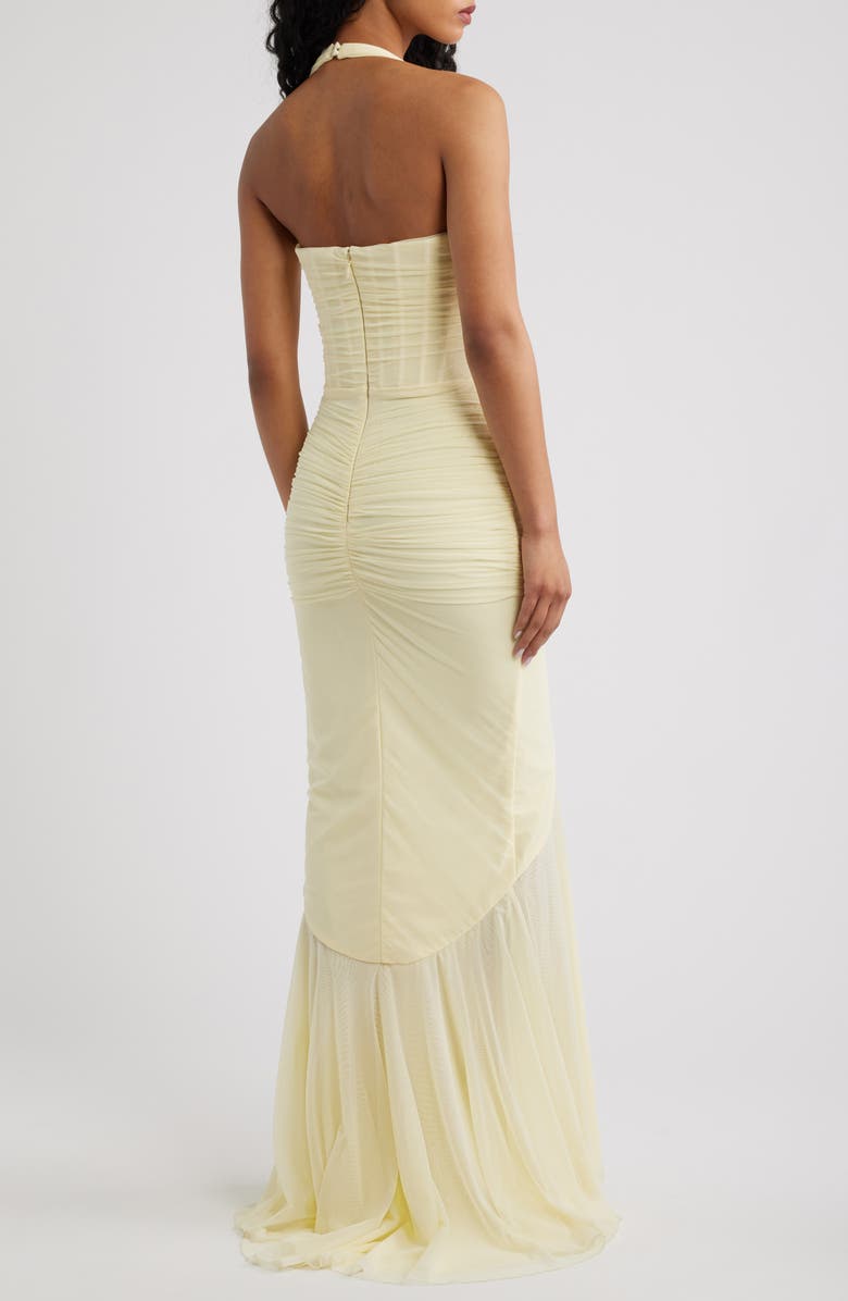 HOUSE OF CB Carmine Ruched Mesh Halter Dress, Alternate, color, Lemon Yellow