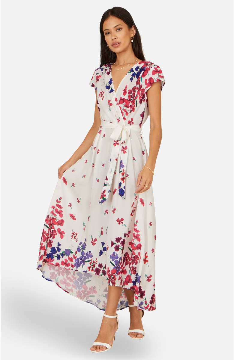 Yumi Floral Mirror Dip Hem Wrap Dress, Alternate, color, Ivory
