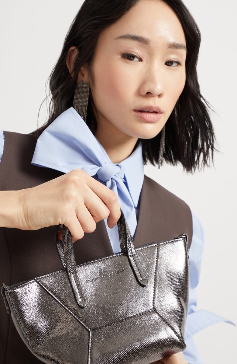 Brunello Cucinelli Lamé calfskin BC Duo mini bag, Alternate, color, Silver