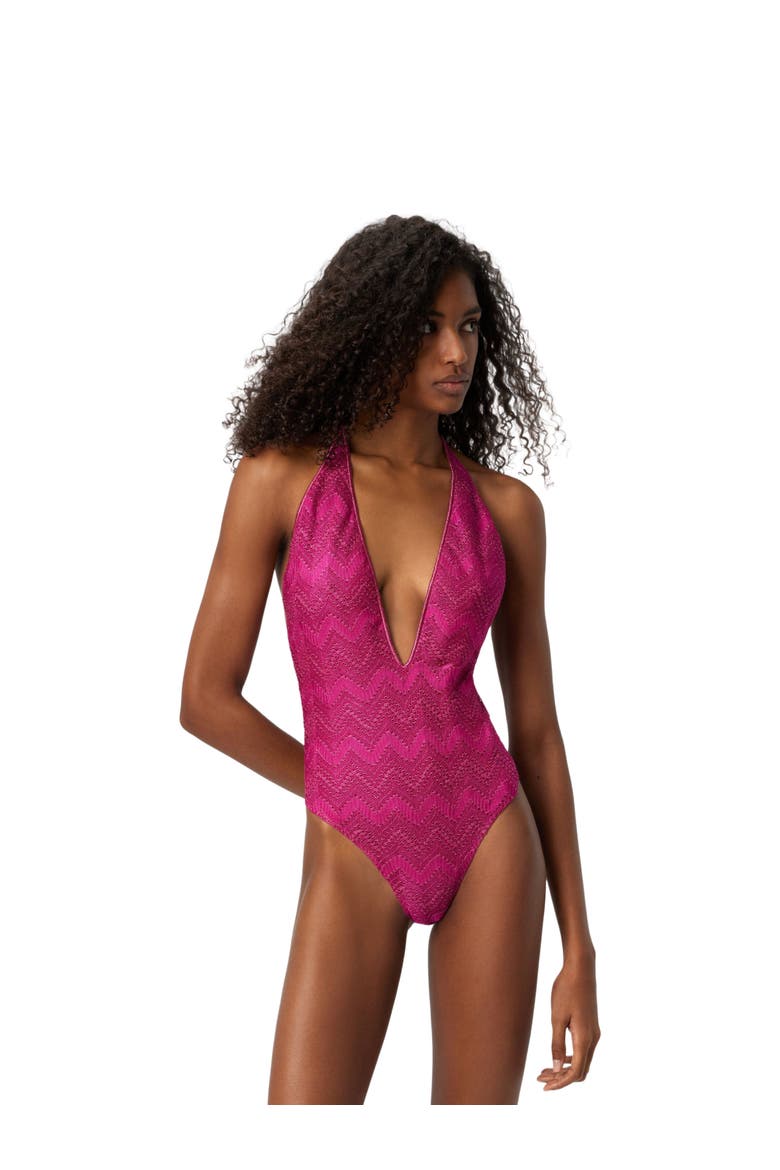 V-neck Zig Zag Lamé Viscose One-piece Swimsuit, Main, color, Purple