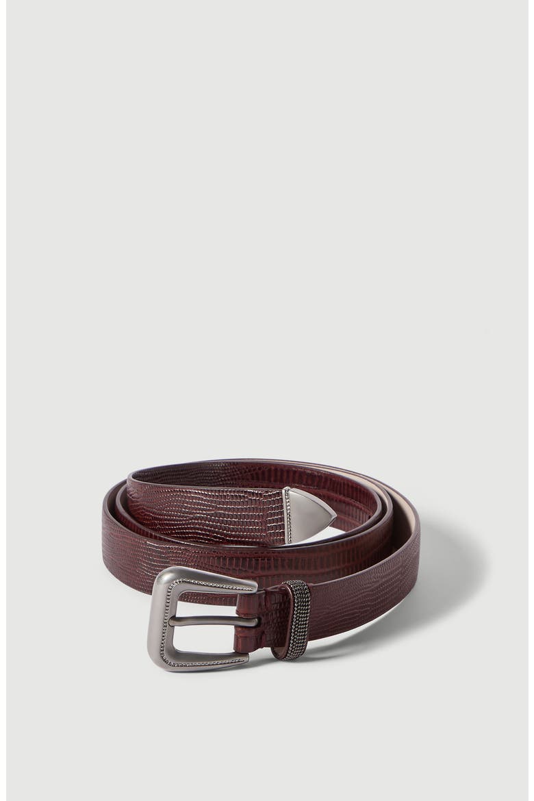 Lizard-effect calfskin belt with shiny loop, Alternate, color, Burgundy
