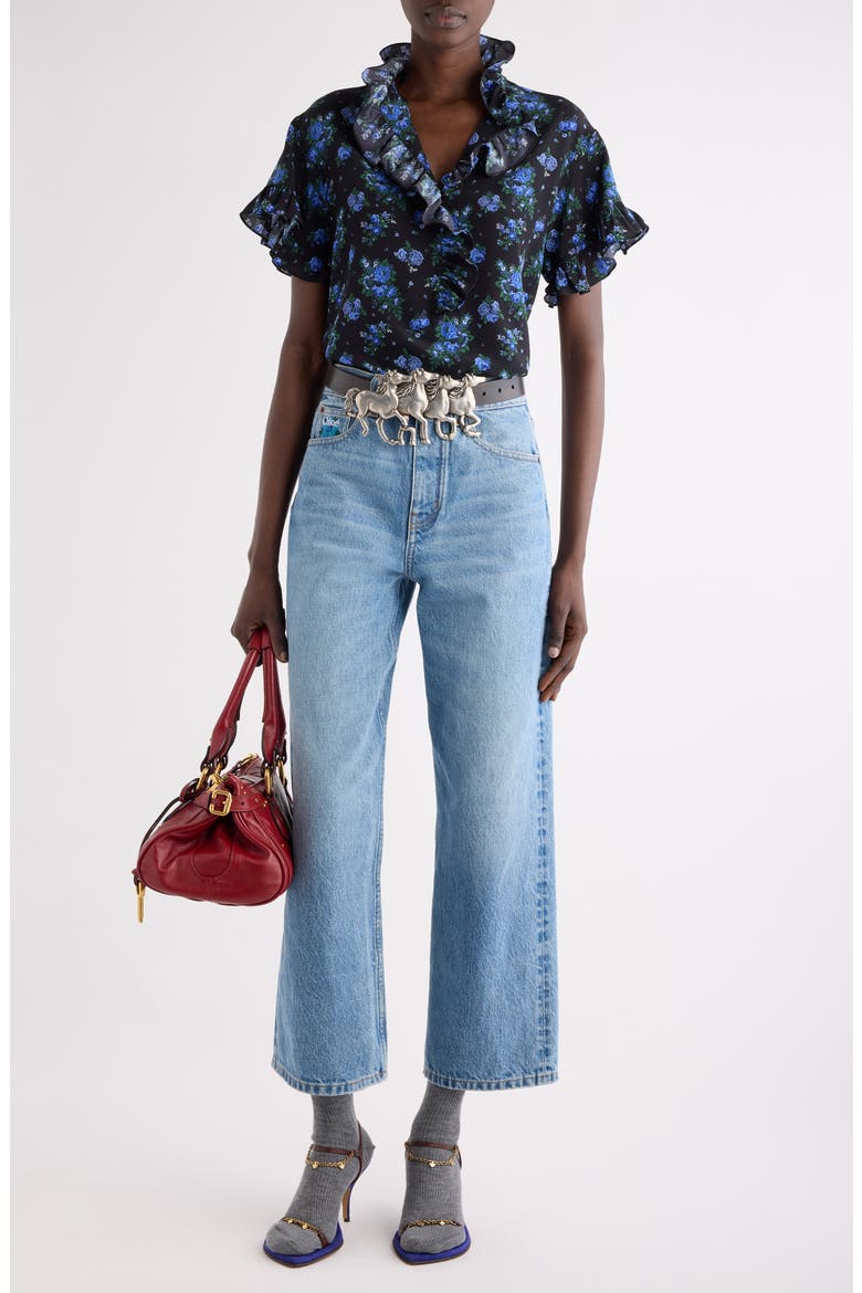 Folk Print Silk Crêpe de Chine Top, Alternate, color, BLACK - BLUE