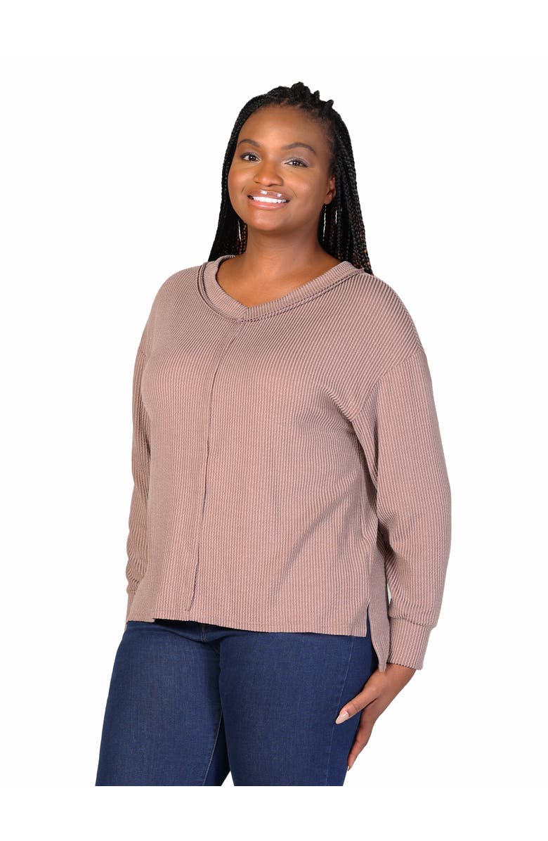24seven Comfort Apparel Relaxed Fit Ribbed Knit V-Neck Sweater Top, Alternate, color, Taupe