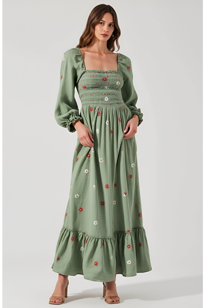 Floral-Embroidered Smocked Tiered Open-Back Maxi Dress, Main, color, Floral