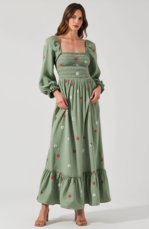 Floral-Embroidered Smocked Tiered Open-Back Maxi Dress