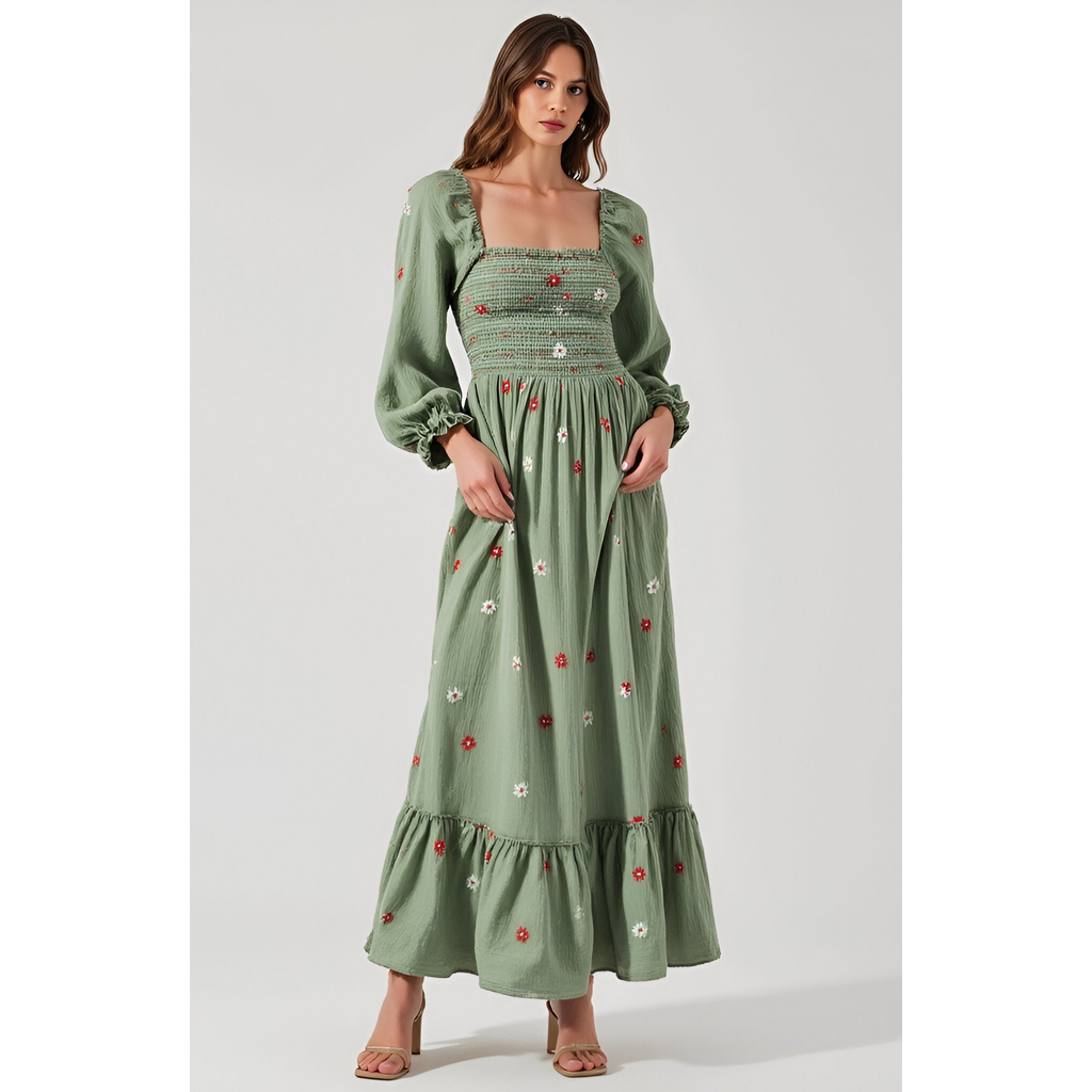 Modenaire Floral-embroidered Smocked Tiered Open-back Maxi Dress In Green