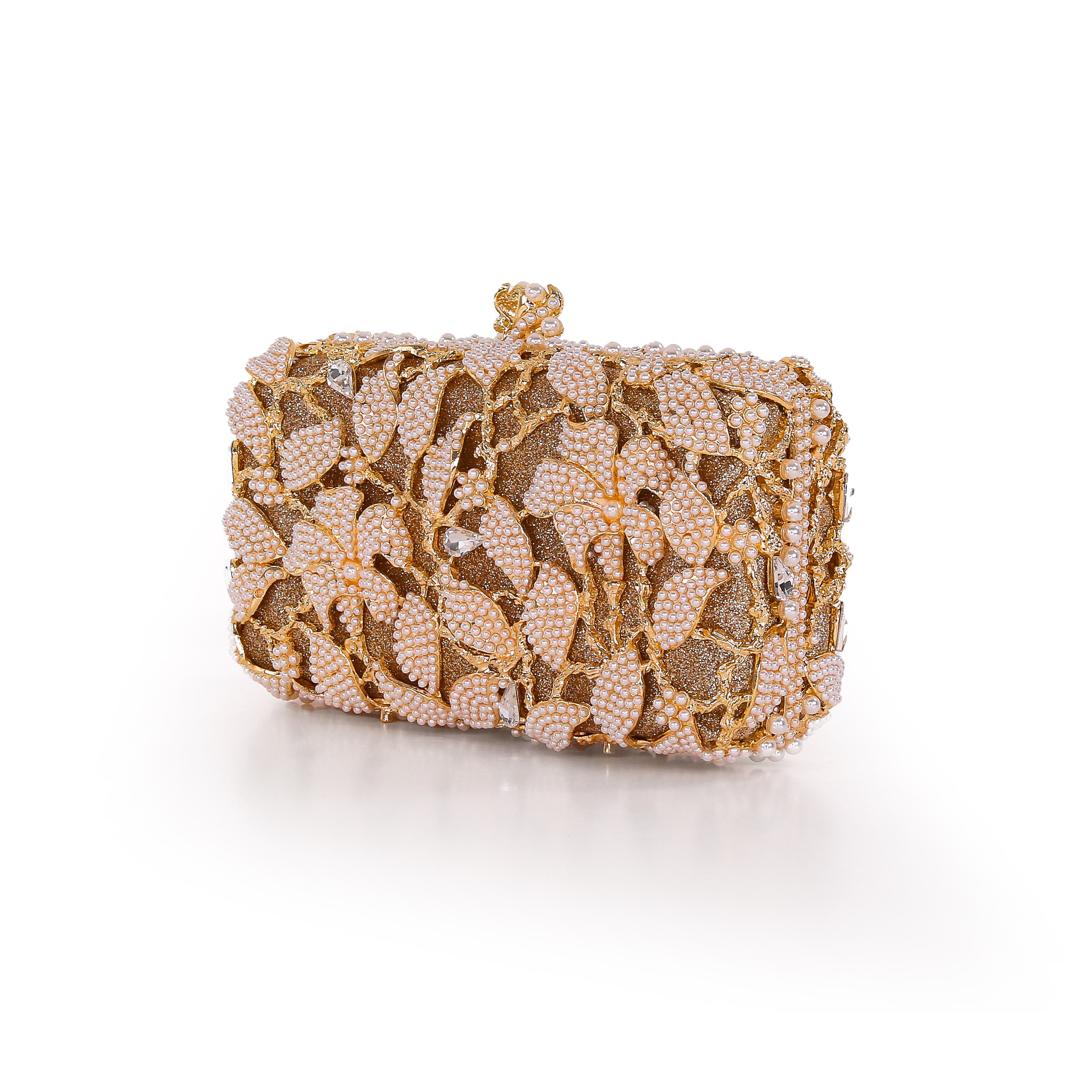 Adelaide Floral Vine Pearl and Crystal Beaded Minaudiere, Alternate, color, Gold