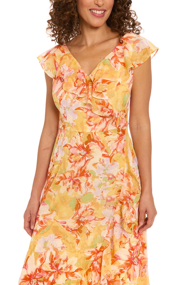 London Times Floral Ruffle Maxi Dress, Alternate, color, Yellow Pink