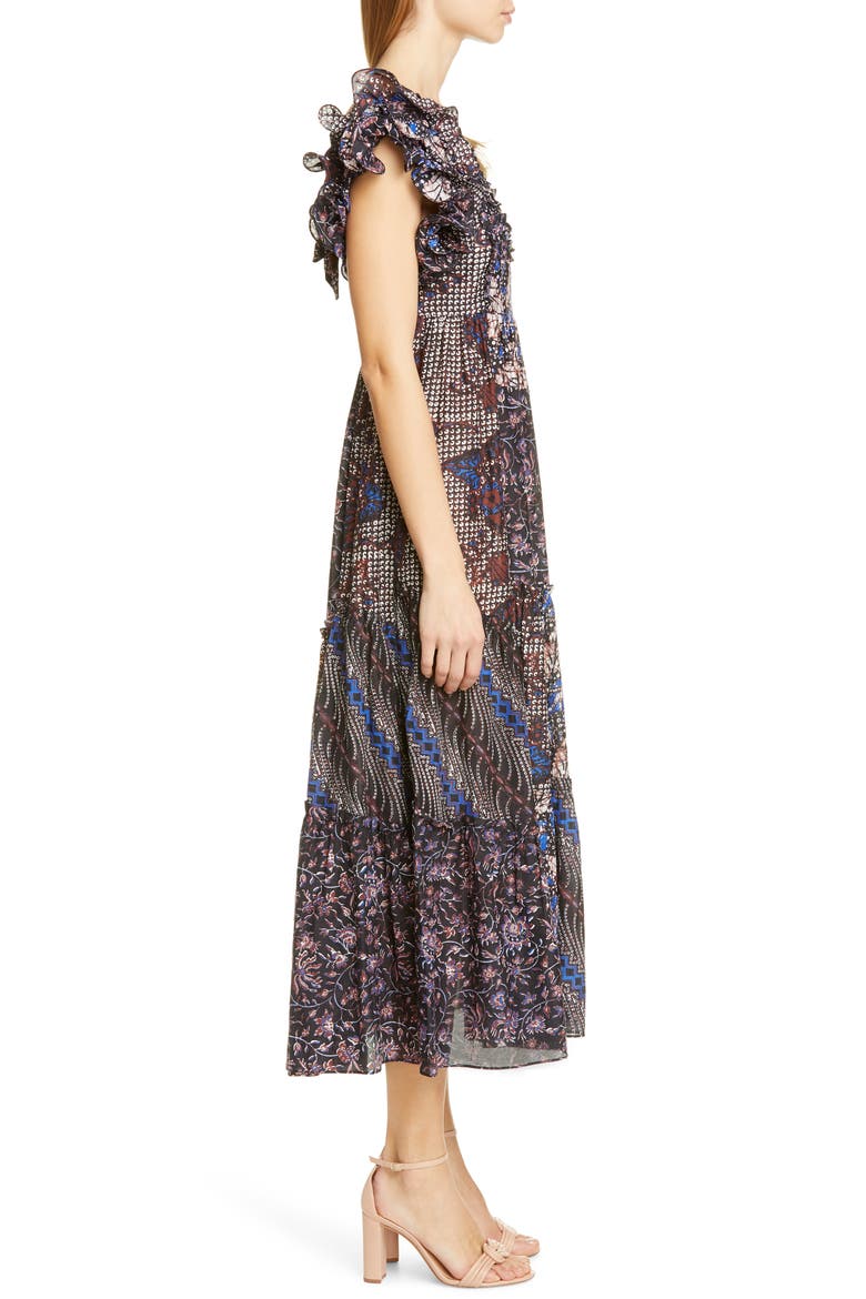 Zoya Ruffle Trim Ikat Midi Dress, Alternate, color, INDIGO