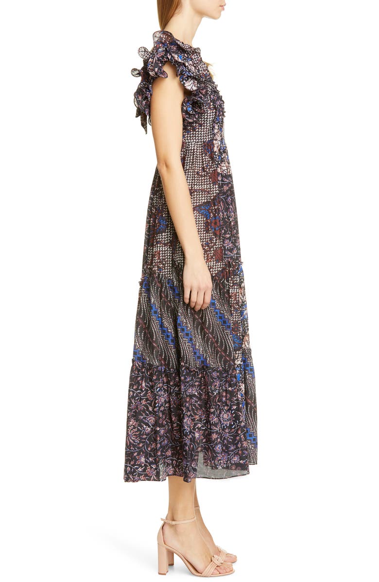 Ulla Johnson Zoya Ruffle Trim Ikat Midi Dress, Alternate, color, 