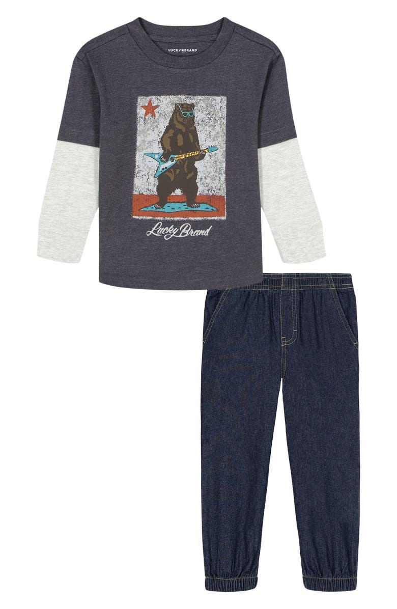 Lucky Brand Kids' Bear Guitar Knit T-Shirt & Joggers Set, Main, color, Green