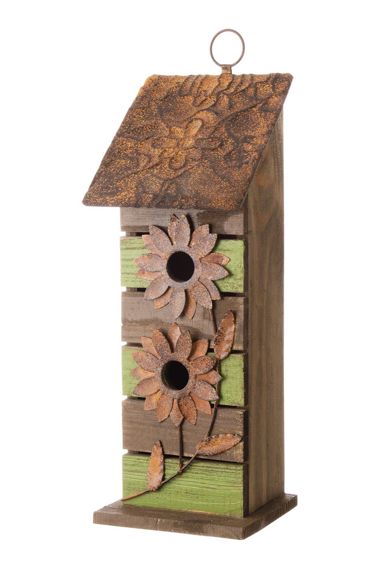 14.5"H Two-Tiered Distressed Solid Wood Birdhouse With Flowers, Main, color, Green