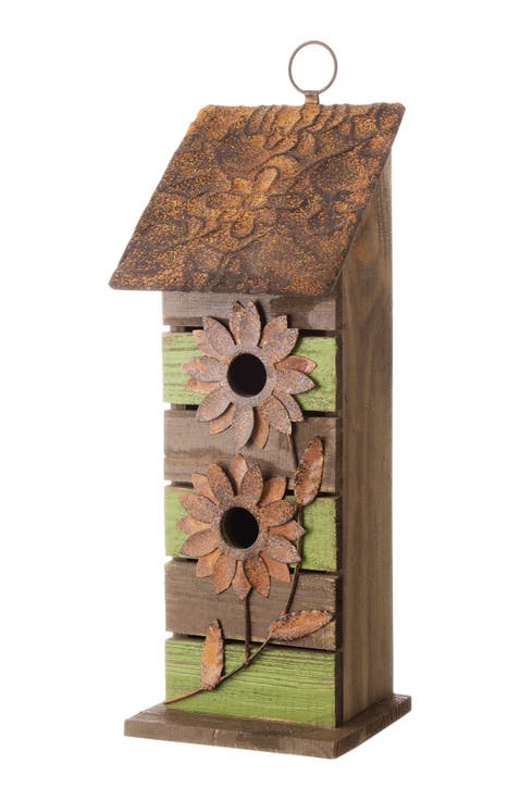 14.5"H Two-Tiered Distressed Solid Wood Birdhouse With Flowers