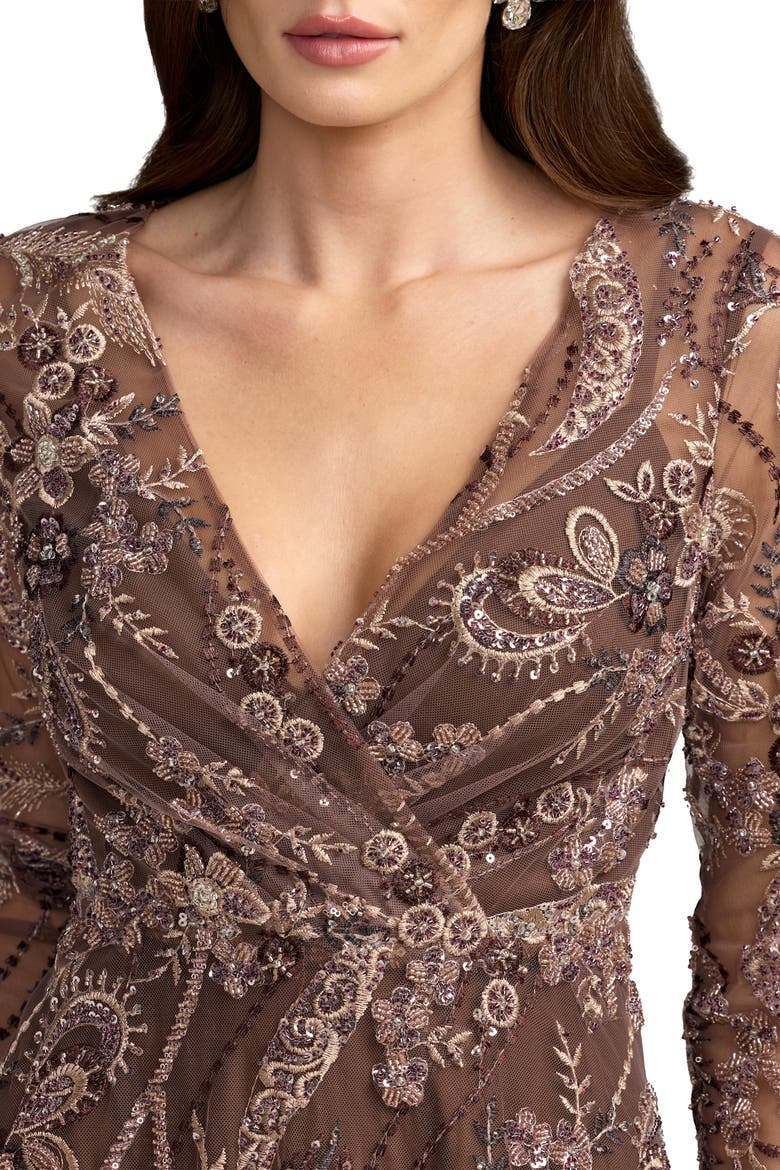 Petite Beaded Embroidered Maxi Dress, Alternate, color, Chocolate