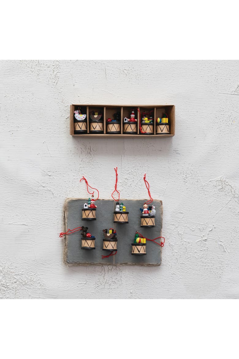 6-Piece Wood Holiday Drum Ornaments, Multicolor, Alternate, color, Multicolor
