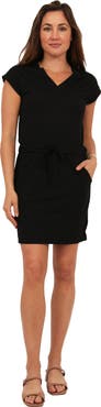 24seven Comfort Apparel Womens Essential Ribbed Knit V-Neck Drawstring Waist Pocket Knee-Length Dress