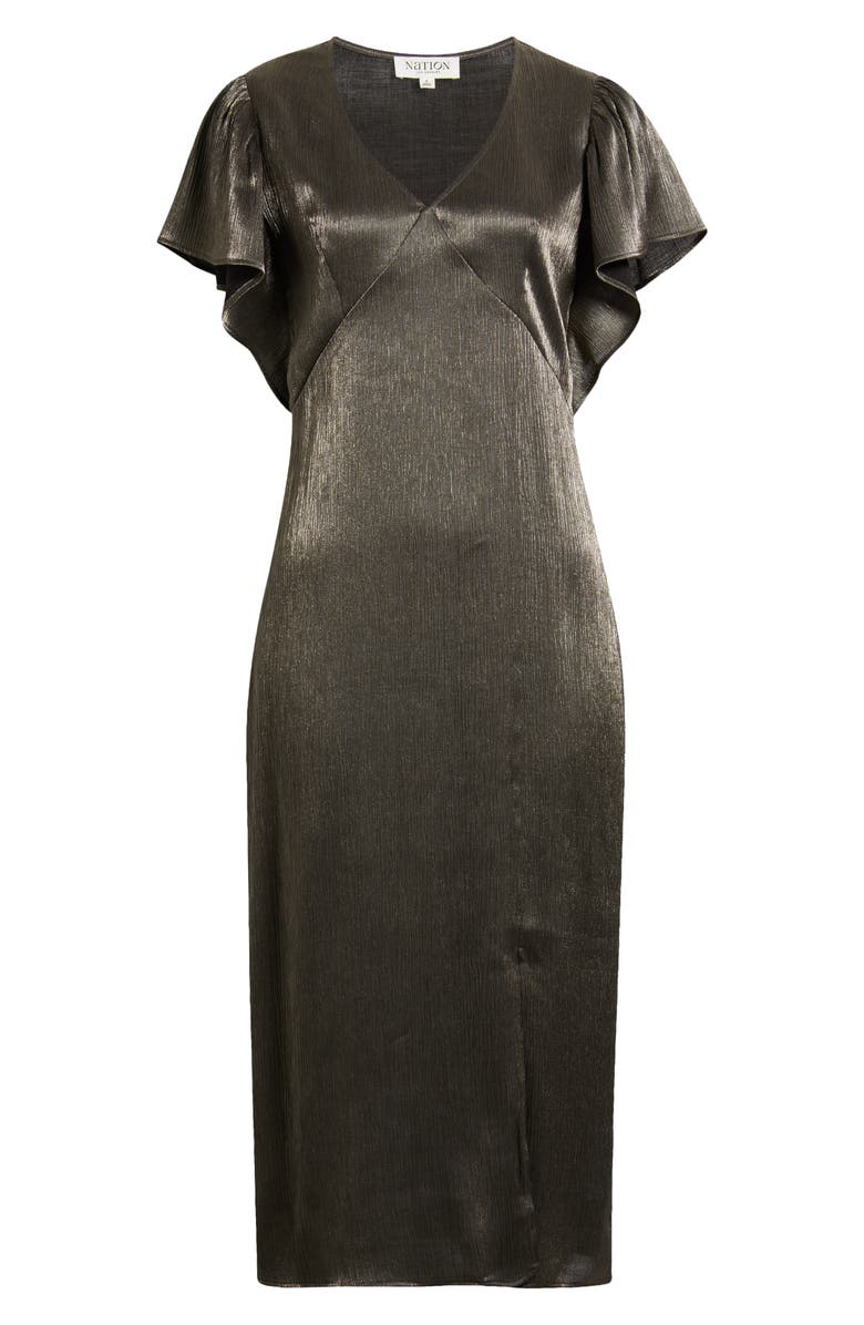 Nation LTD Pamela Flutter Sleeve Satin Midi Dress, Alternate, color, Graphite Foil