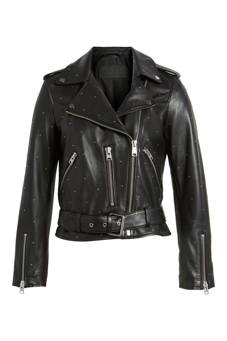 Balfern Studded Leather Biker Jacket, Alternate, color, BLACK