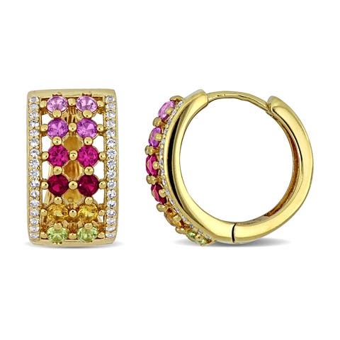 Multi-Gem Huggie Earrings Yellow Plated Silver